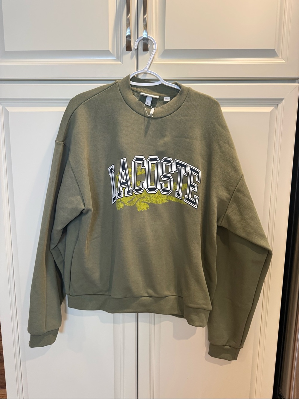 Lacoste Olive Green Crewneck Sweatshirt with Chartreuse Crocodile